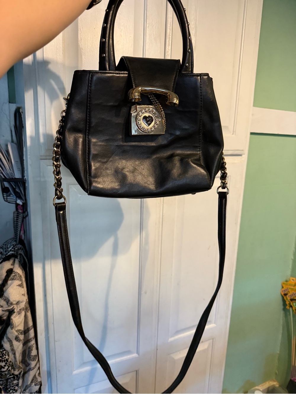 Betsey Johnson Black Faux-Leather Crossbody with Gold Heart Lock